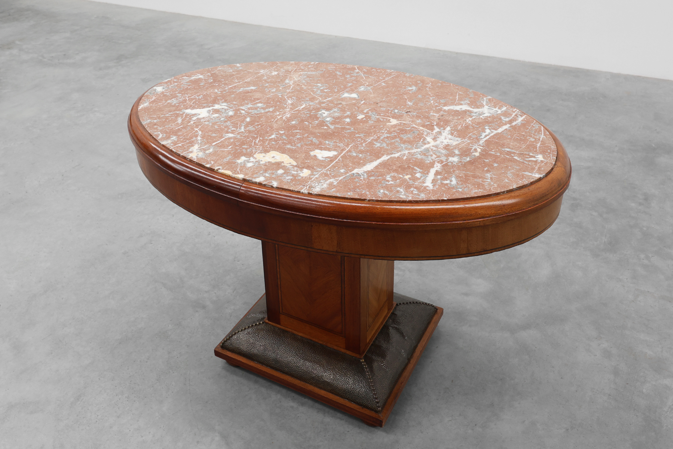 Oval Art Deco Side Table in Walnut with Marble Top by De Coene, Belgium, ca. 1925thumbnail